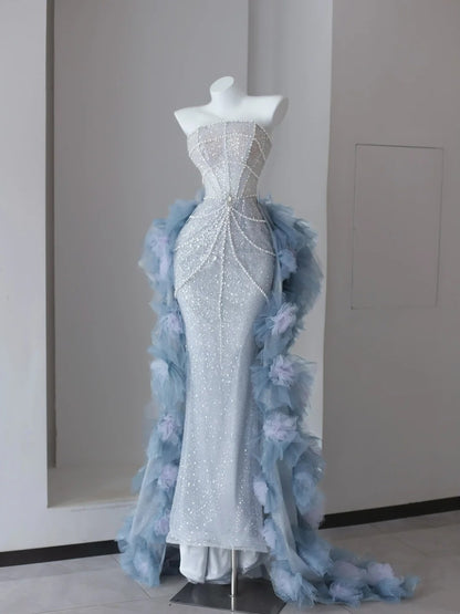 Sparkly Prom Dresses Mermaid Strapless Light Sky Blue Sequined With Beading Long Formal Gown N2921