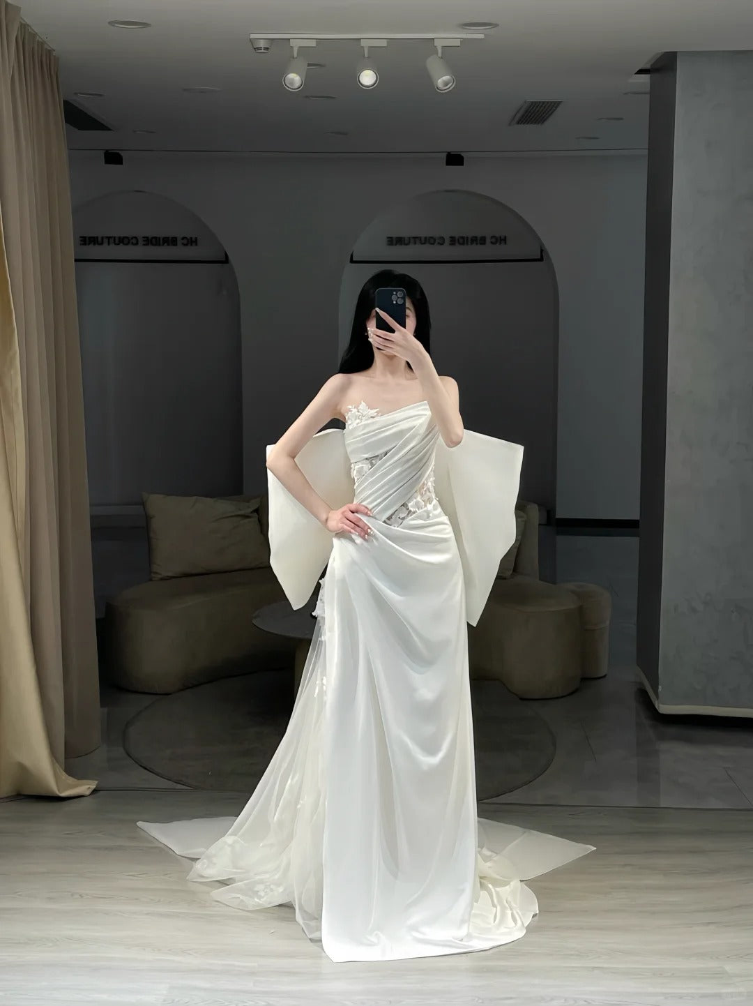 Robes de mariée simples sirène bustier en satin blanc longues avec nœud, robe de mariée N3080