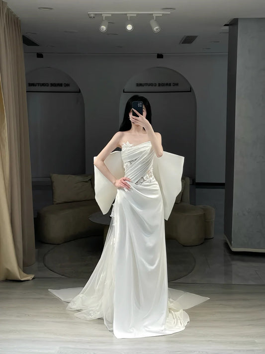 Simple Wedding Dresses Mermaid Strapless White Satin Long With Bow-knot Bridal Gown N3080