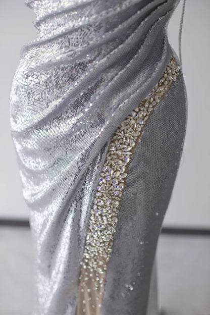 Sparkly Prom Dresses Mermaid Spaghetti Strap Silver Gray Sequined With Beading Slit Long Formal Gown N2922