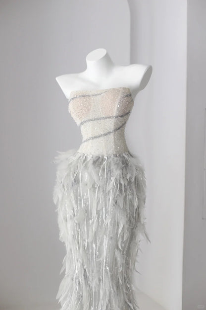 Sparkly Prom Dresses Mermaid Strapless Grey Sequin With Feathers Long Formal Dance Dress N2998