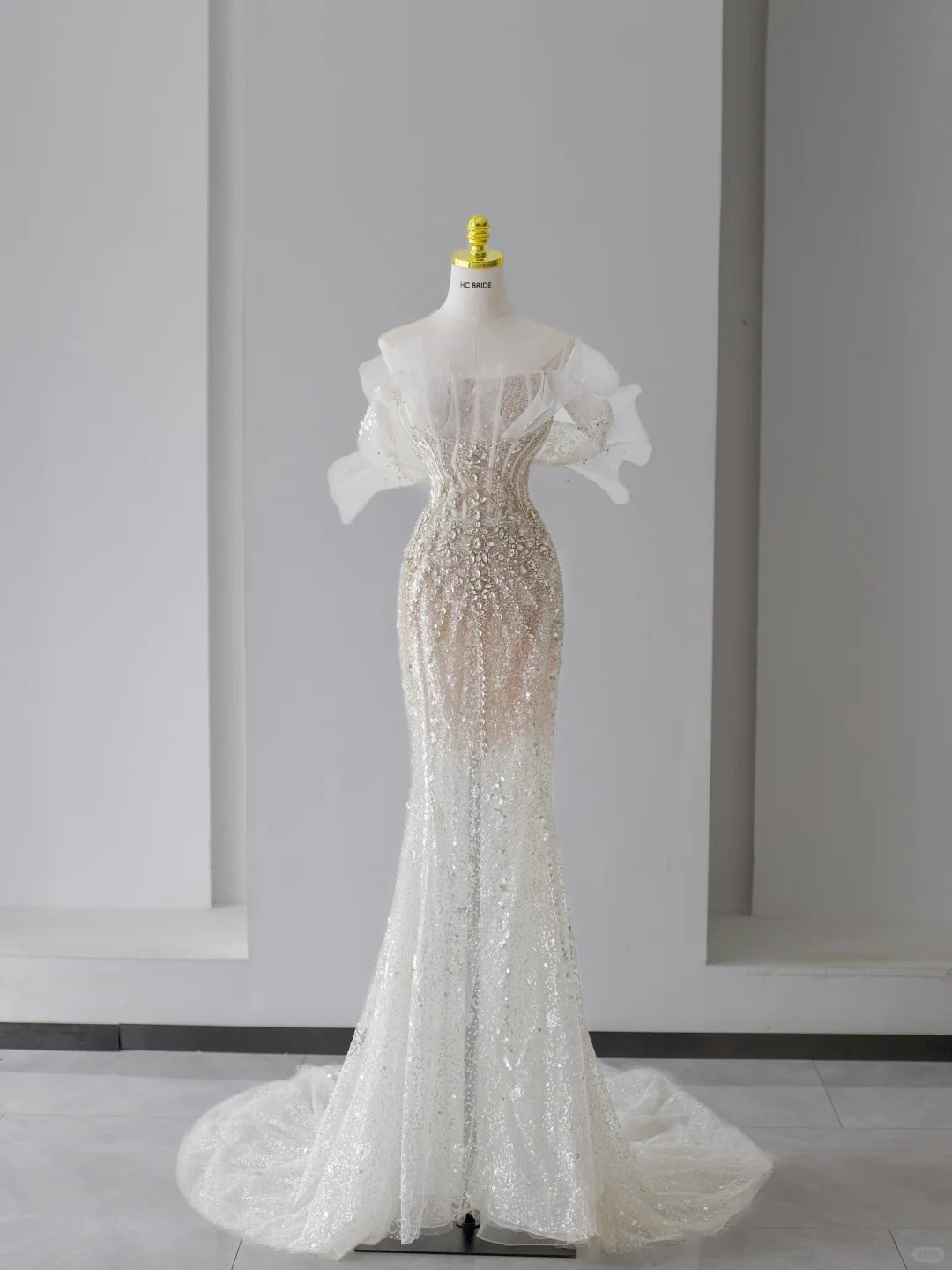 Prinzessin Brautkleider Meerjungfrau schulterfrei weiß Pailletten mit kurzen Ärmeln Brautkleid N3089