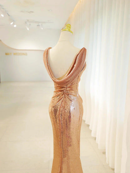 Belles robes de bal sirène dorées à sequins avec longue robe de soirée plissée N2935