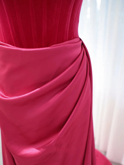 Belles robes de bal sirène bustier en satin rose vif avec longue robe de soirée plissée N2934