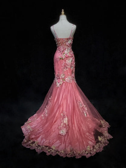 Belles robes de bal sirène à bretelles spaghetti roses avec perles et fleurs longues tenues de soirée N3318