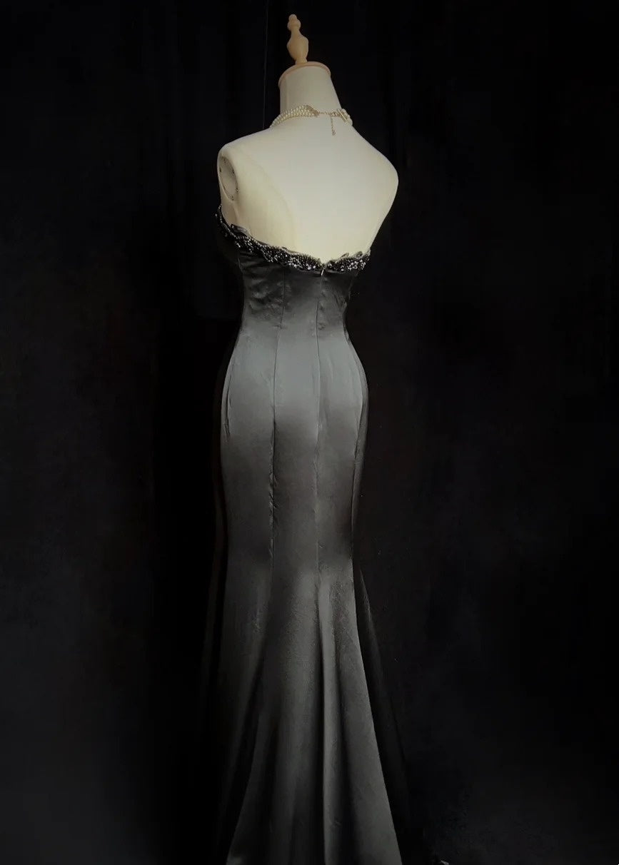 Robes de bal vintage sirène bustier satin noir perlé longue robe de soirée N2507