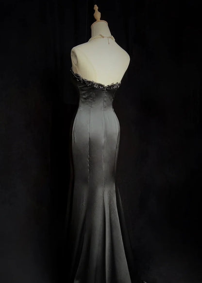 Robes de bal vintage sirène bustier satin noir perlé longue robe de soirée N2507