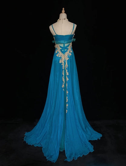 Vintage Ballkleider Spaghettiträger A-Linie Blau Chiffon mit Goldspitze Lange formelle Abendgarderobe N3864