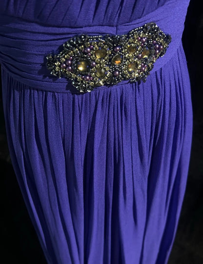 Robes de bal vintage, ligne A, fines bretelles, bleu roi, années 90, avec volants, perles, longue robe de soirée formelle N2506