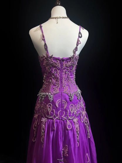 Vintage Prom Dresses Mermaid Spaghetti Strap Purple Chiffon With Beads Appliques Floor Length 80s Formal Gown N2583