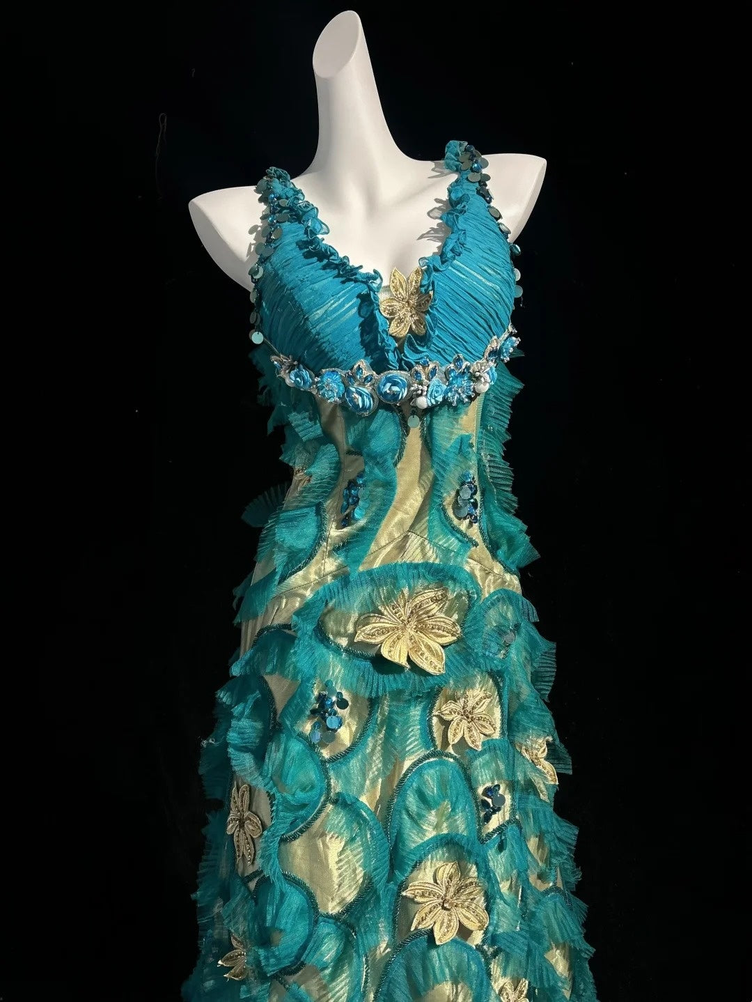Vintage Prom Dresses 1970s A Line V Neck Blue Tulle With Beads Sleeveless Prom Dresses Evening Formal Outfits RB5126