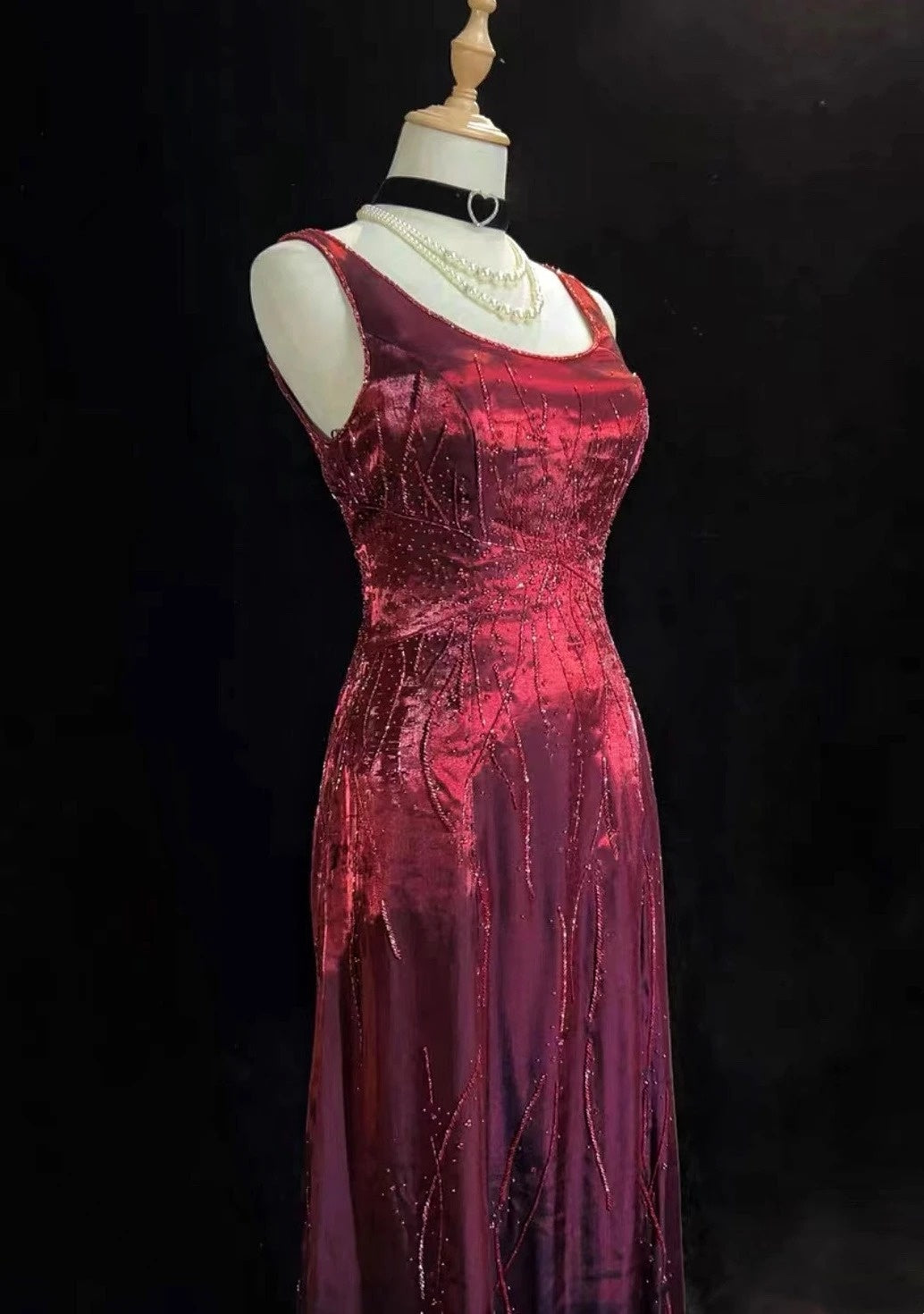 Robes de bal vintage coupe trapèze bordeaux avec paillettes, perles, robe de soirée formelle années 80 RB3278