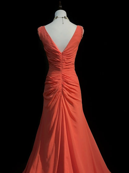 Robes de bal vintage des années 2000 Sirène Col en V Orange Mousseline avec perles à volants Longue robe de bal N3093