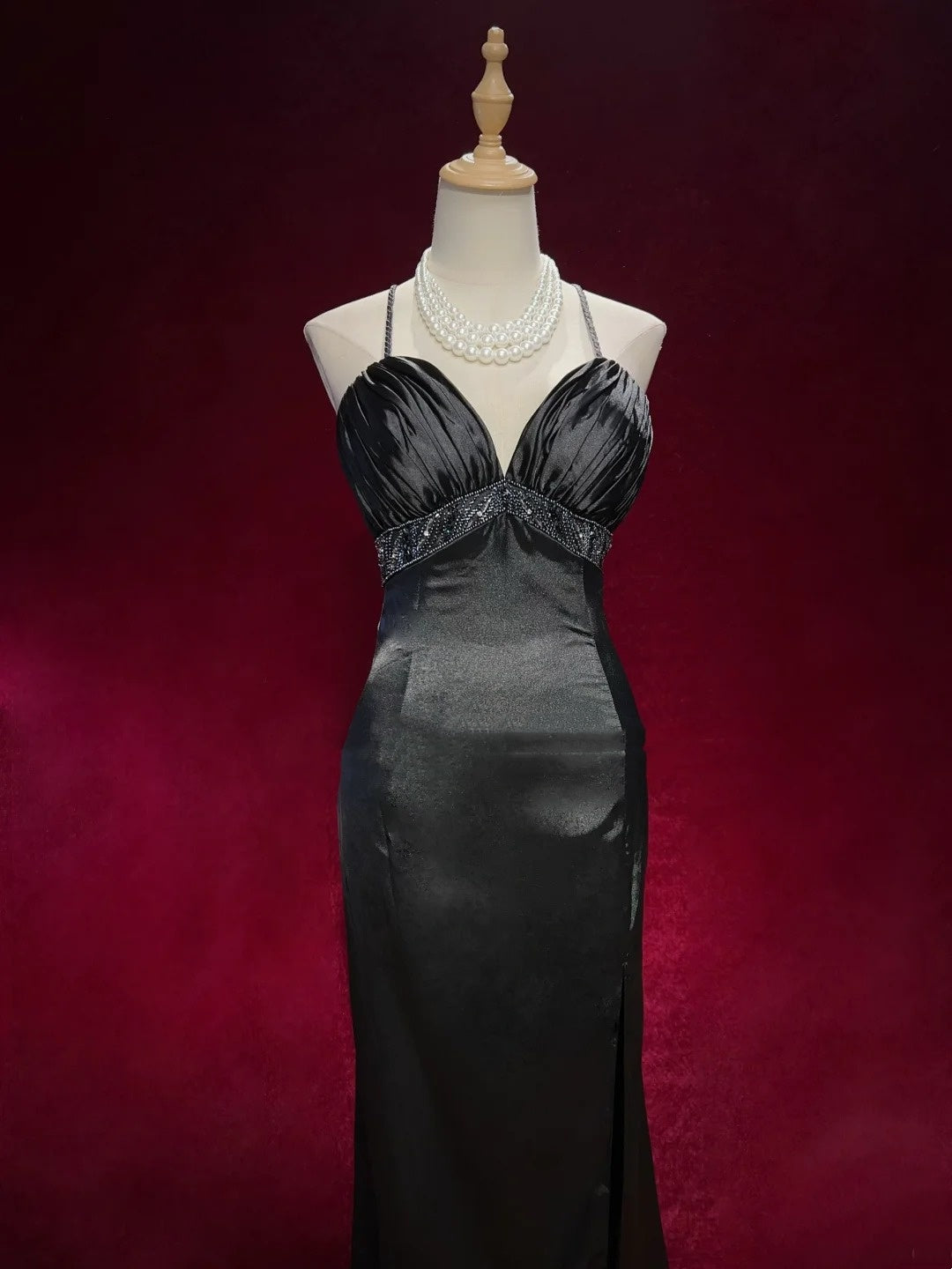 Vintage Abschlussballkleider Meerjungfrau Spaghetti-Träger Black Tie Kleid Ärmellos Taft 90er Langes Abendkleid N2882
