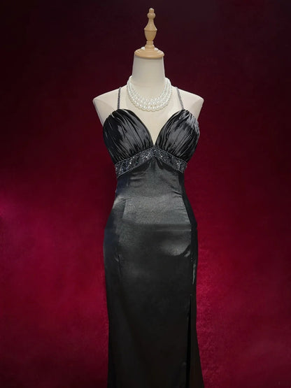 Vintage Abschlussballkleider Meerjungfrau Spaghetti-Träger Black Tie Kleid Ärmellos Taft 90er Langes Abendkleid N2882
