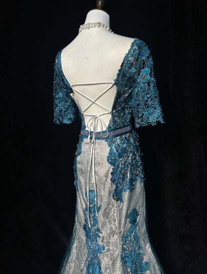Vintage Ballkleider Inspo Meerjungfrau Spitze Blau Tüll Spitze 80er mit Applikationen Formelle Kleider N3366