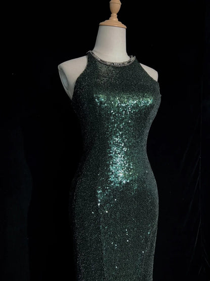 Glitzernde Abschlussballkleider Inspo Meerjungfrau 90er Rundhalsausschnitt Dunkelgrün mit Schlitz für Damen Abendkleid N3271