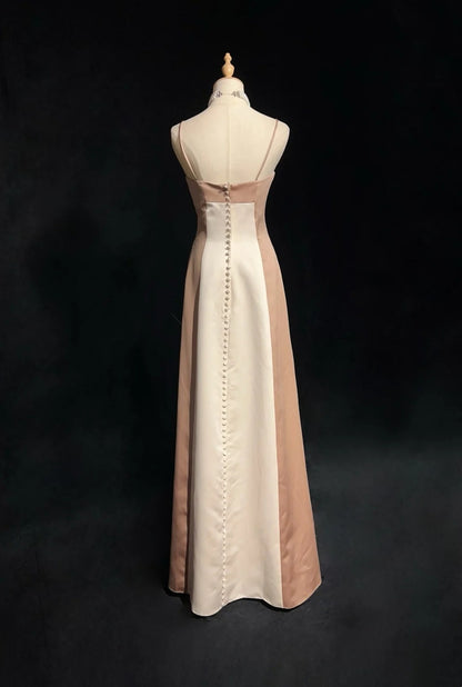 Élégante robe de soirée longue en satin champagne et ivoire, coupe trapèze, à fines bretelles, référence N2723