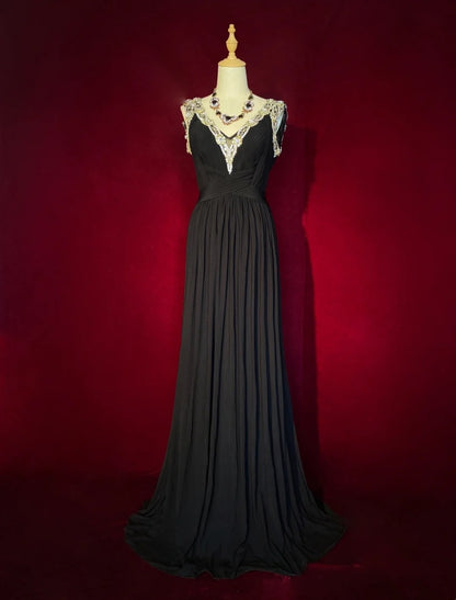 Vintage Prom Dresses 80er Jahre A-Linie V-Ausschnitt Black Tie Kleid Rückenfrei Chiffon Abendkleider N3473