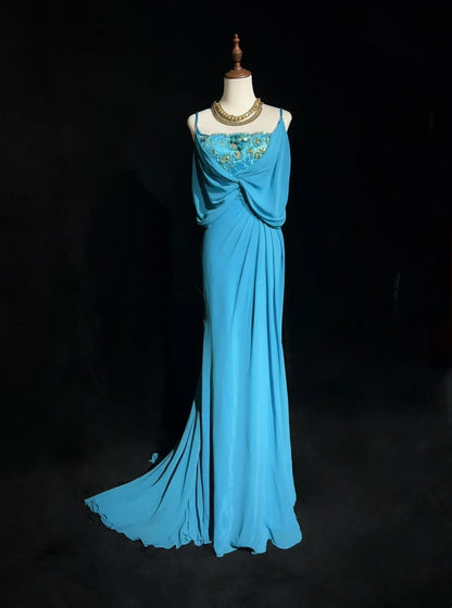 Robes de bal gothiques glamour sirène, bretelles fines, mousseline bleue sans manches avec perles, robe de soirée semi-formelle N3819