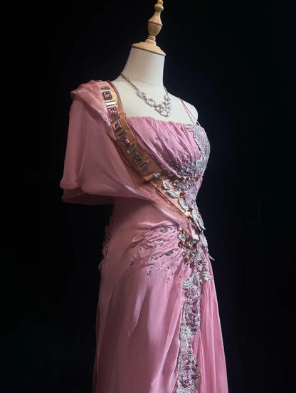 Robes de bal vintage sirène en mousseline de soie rose avec perles appliquées, longue robe de soirée années 70 N2620