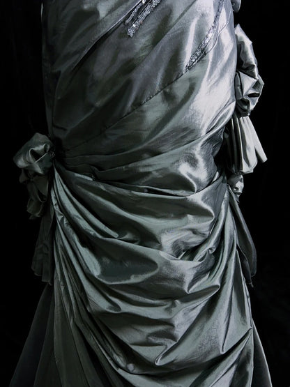 Modest Prom Dresses Mermaid Spaghetti Strap Grey Satin With 3D Flowers Formal Outfits N3653