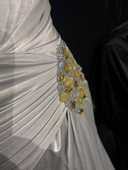Wunderschöne Abschlussballkleider A-Linie One-Shoulder Silbergrau Lange Formelle Abendkleider N3663