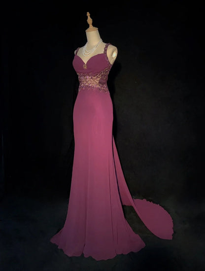 Inspiration Robes de bal vintage Sirène Bretelles spaghetti Violettes longues Années 1990 Avec perles Robes de soirée N3388