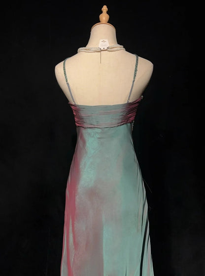 Vintage Ballkleid Ästhetik Kleider A-Linie Spaghettiträger Grün Chiffon Langes Abendkleid N3017