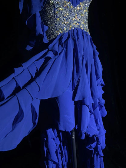 Robes de bal élégantes coupe trapèze asymétriques, une épaule, en mousseline bleu roi avec perles, sans manches, longue robe de soirée N2881