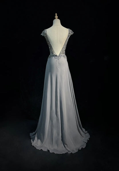 Robes de bal vintage des années 80 A-ligne col rond gris sans manches en mousseline avec perles Tenues de soirée semi-formelles N3615