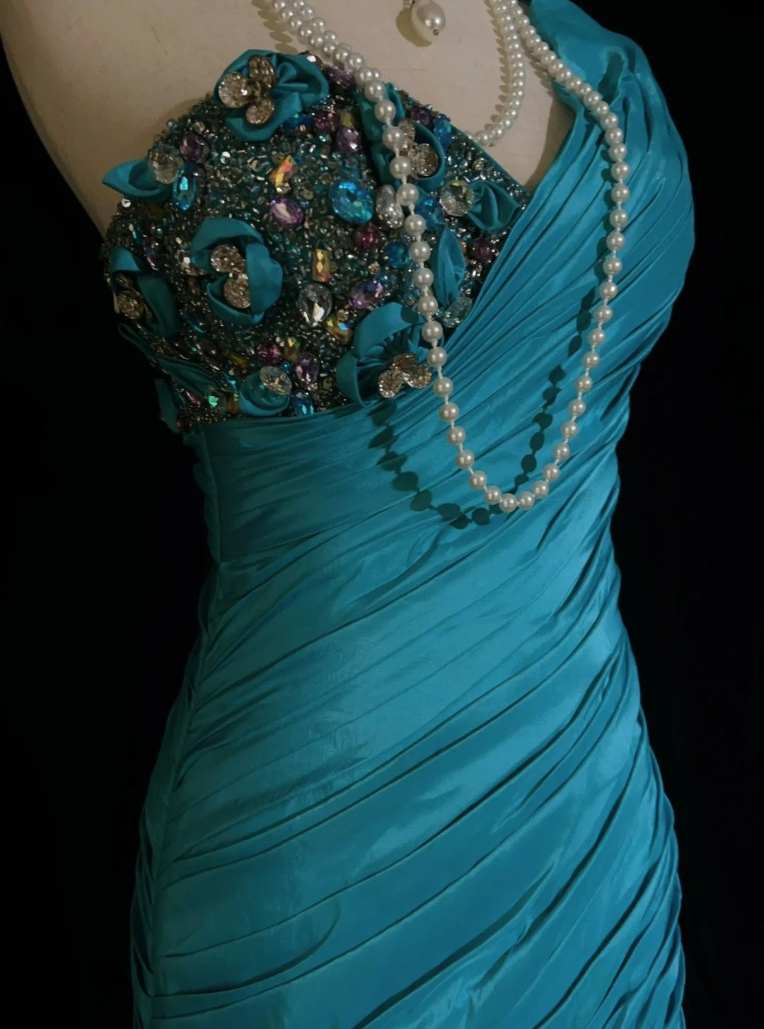 Vintage Ballkleider Meerjungfrau One-Shoulder Retro-Stil Blaues Taft Mit Perlenbesatz 90er Langes Abendkleid N2905