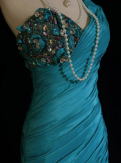 Vintage Ballkleider Meerjungfrau One-Shoulder Retro-Stil Blaues Taft Mit Perlenbesatz 90er Langes Abendkleid N2905