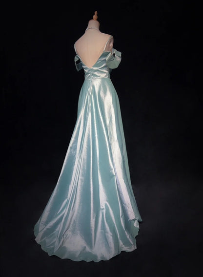 Robes de bal élégantes et chics ligne A en satin bleu ciel avec bretelles et manches, robes de soirée semi-formelles N3800