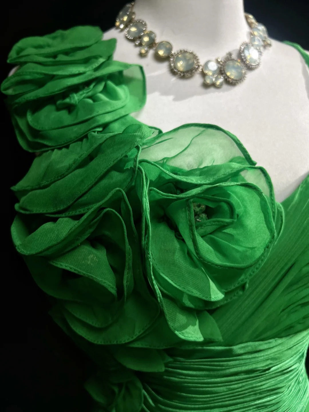 Vintage 90s Prom Dresses A Line One Shoulder Green Chiffon With Flowers Long Prom Gown N3061