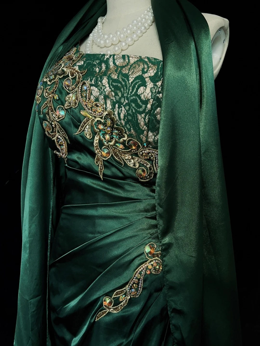 Vintage Prom Dresses Inspo Meerjungfrau Ein-Schulter Dunkel Smaragdgrün 1990er Mit Gold Spitze Abendkleider N3320