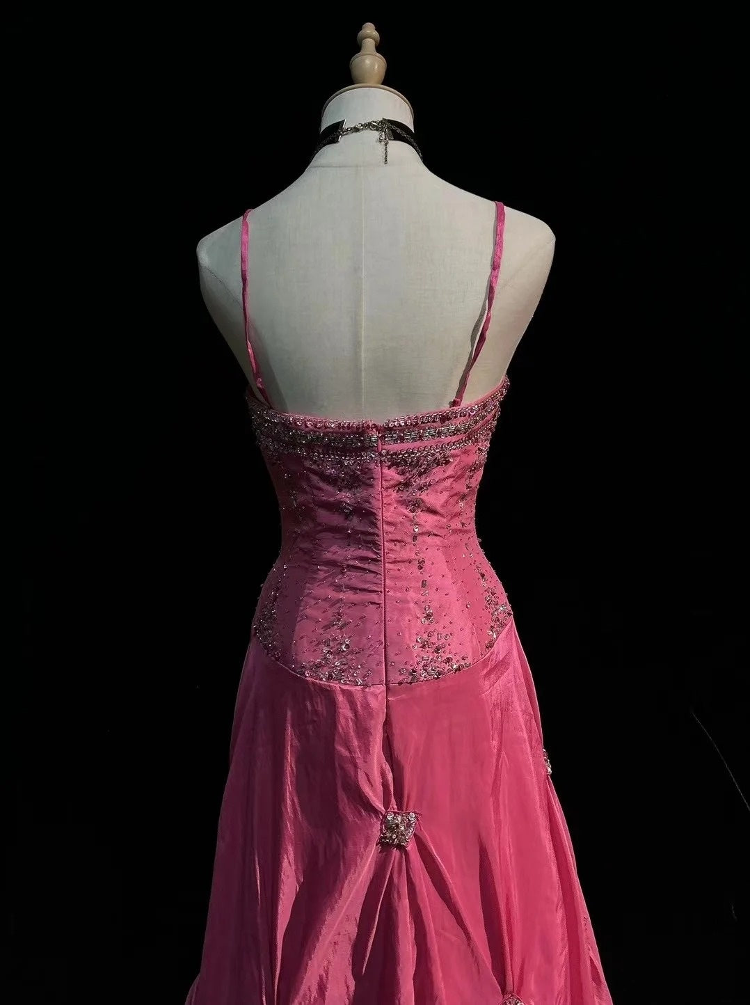 Robes de bal vintage en taffetas rose à bretelles spaghetti, avec perles argentées, années 1950, robe longue de soirée N2595