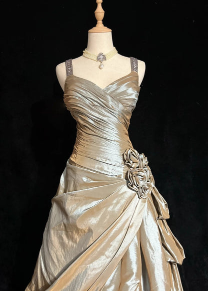 Vintage Ballkleider Abschlussball Kleid Sweetheart Mit Trägern Champagner Perlen Lang Formales Kleid N2451