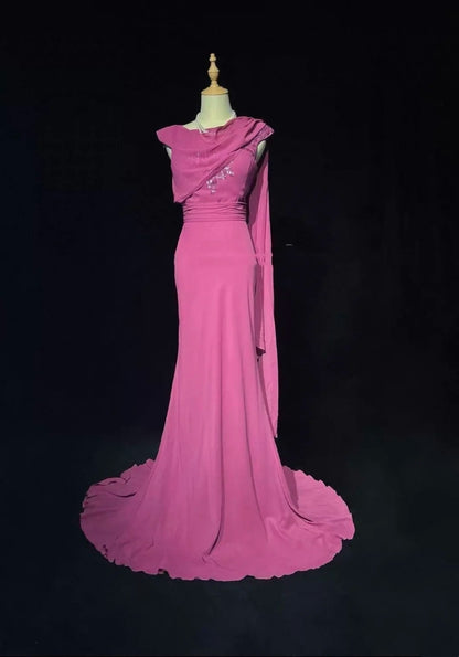Vintage Ballkleider Meerjungfrau One-Shoulder Hot Pink Chiffon Ärmellos 1990er Lang Formelles Abendkleid N2638