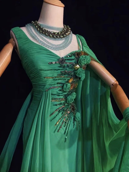 Robes de bal élégantes Inspo Sirène Mousseline Vert Avec Fleurs Perles Pour Femmes Robe de Soirée N3232