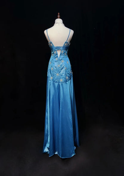 Vintage Abschlussballkleider Meerjungfrau Spaghettiträger Blau Satin 1990er Jahre Langes formelles Abendkleid N2645