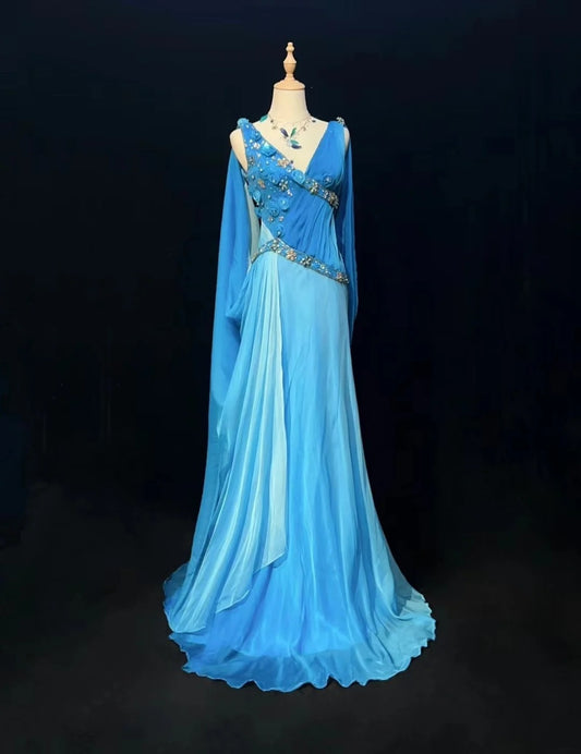 Vintage Prom Dresses Mermaid Gradient Colors Royal Blue V Neck With Sparkles Beaded 80s Evening Formal Dress RB3275