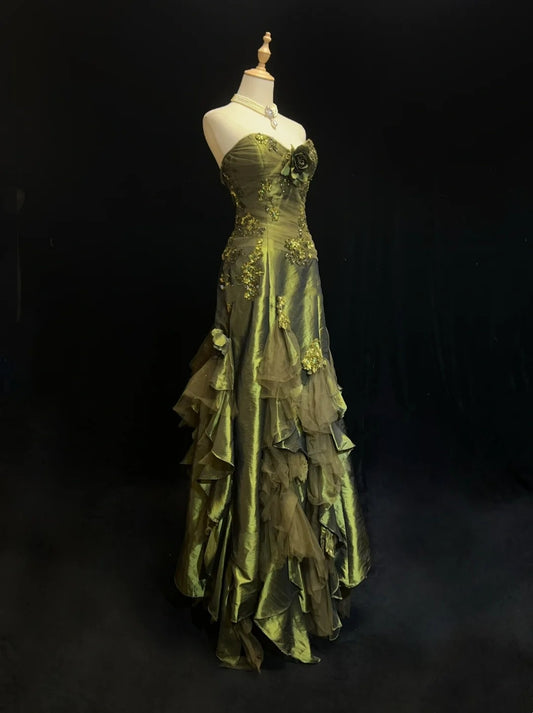 Vintage Prom Dresses Mermaid Sweetheart Olive Green Satin With Beading 1980s Long Formal Gown N2622