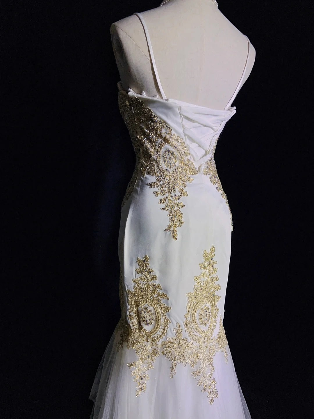Vintage Prom Dresses Inspo Mermaid Spaghetti Strap White With Gold Lace For Women Formal Dress N3221