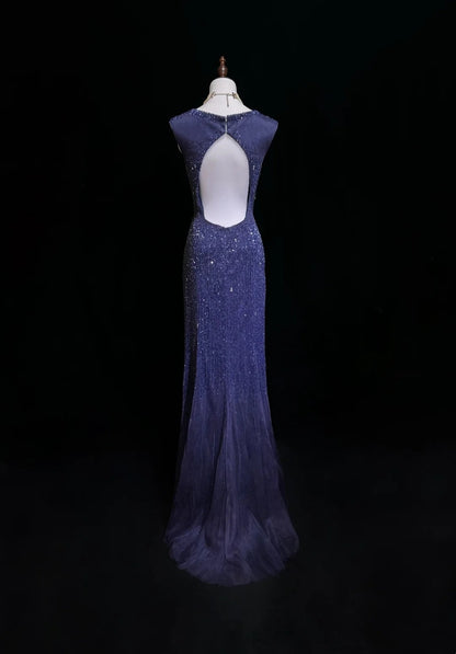Robes de bal vintage sirène col en V bleu royal années 90 avec perles dos nu longue robe de soirée formelle N2505