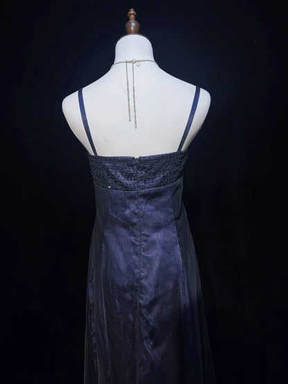 Vintage Ballkleider A-Linie Spaghettiträger Marineblau Tüll 80er Jahre Mit Perlen Lang Formelle Abendgarderobe N3871