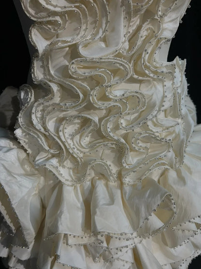 Timeless Wedding Dresses Sheath Strapless Beige Satin With Ruffled Short Bridal Gown N3004