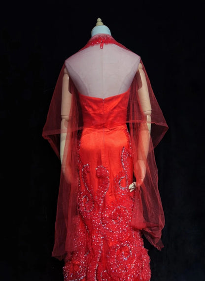 Vintage Prom Dresses 80s Mermaid Halter Red With Ruffle Tiered Floor Length Formal Outfits RB4328