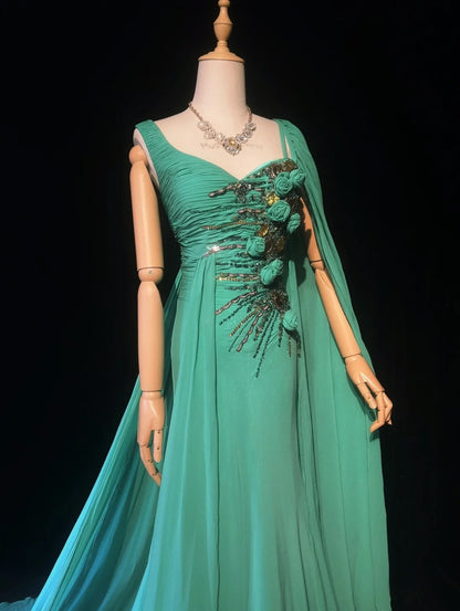 Elegantes Meerjungfrauen-Abendkleid mit One-Shoulder, grünem Chiffon und silbernem Perlenoberteil, langes Ballkleid N2726
