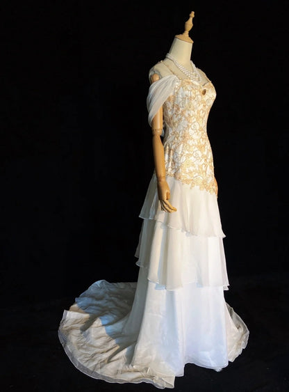 Belles robes de bal sirène à bretelles spaghetti en dentelle dorée avec manches longues robes de soirée formelles N3659